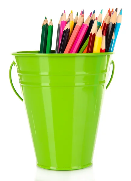 Color bucket with multicolor pencils, isolated on white — Stock Photo, Image