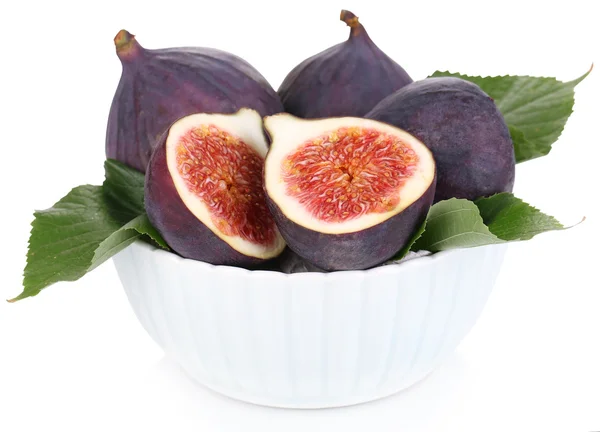 Ripe figs in bowl isolated on white — Stock Photo, Image