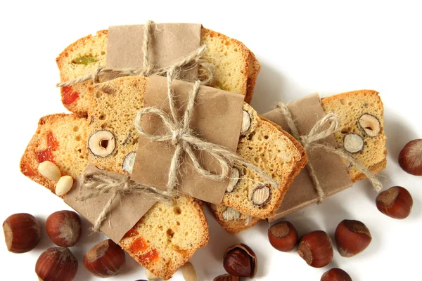 Biscotti with nuts and candied fruits, isolated on white — Stock Photo, Image