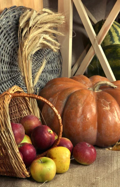 Las manzanas en la cesta con la calabaza y sobre el saco sobre el primer plano — Foto de Stock