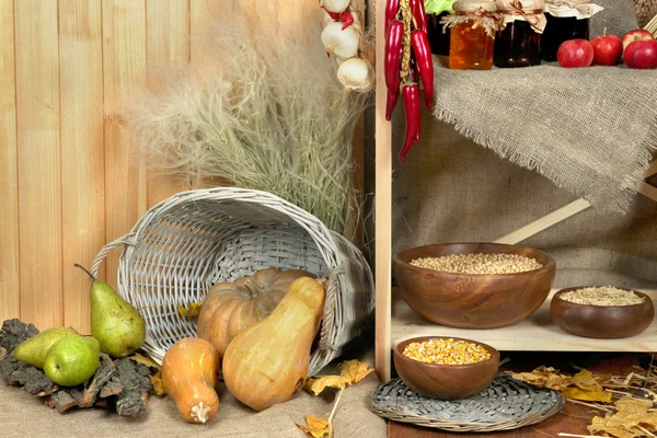 Fruits et légumes avec des pots de confiture et des bols de grains sur des étagères ferment — Photo