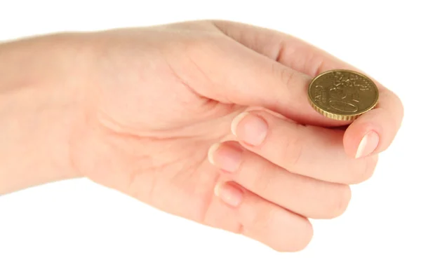 Mano de mujer lanzando moneda aislada en blanco — Foto de Stock