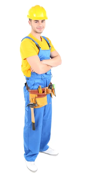 Construtor masculino em capacete amarelo isolado em branco — Fotografia de Stock