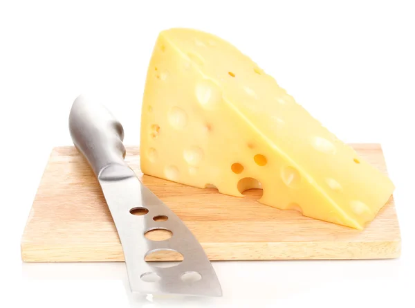 Tasty cheese and knife on wooden board isolated on white — Stock Photo, Image