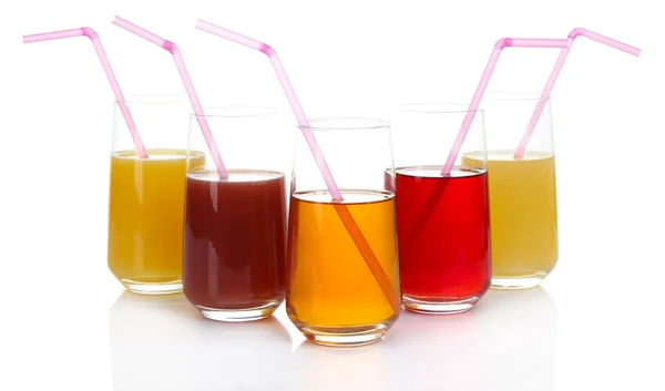 Разнообразие соков в стаканах, изолированных на белом — стоковое фото