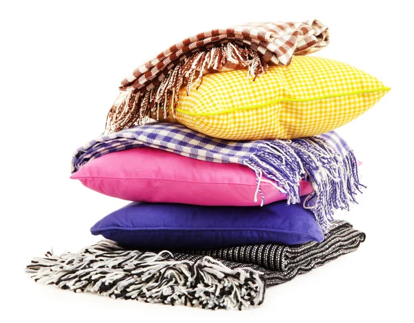 Hill colorful pillows and plaids isolated on white — Stock Photo, Image