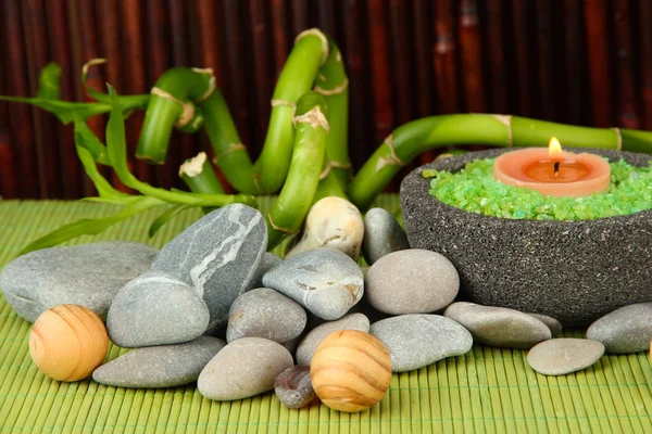 Natura morta con pianta di bambù verde e pietre, su tappetino di bambù su sfondo di colore — Foto Stock