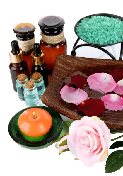 Composición del spa con aceites aromáticos aislados en blanco — Foto de Stock