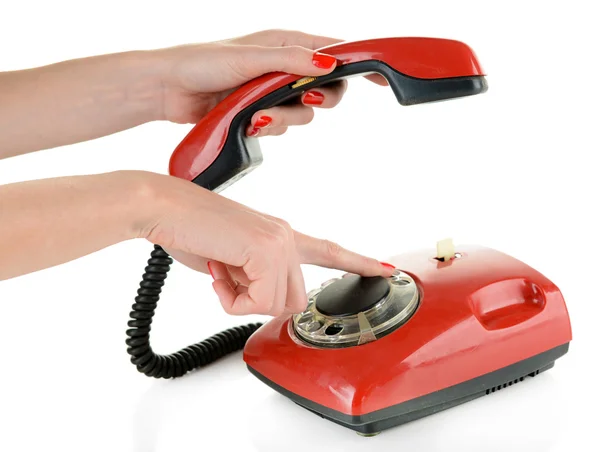 Red retro telephone, isolated on white — Stock Photo, Image