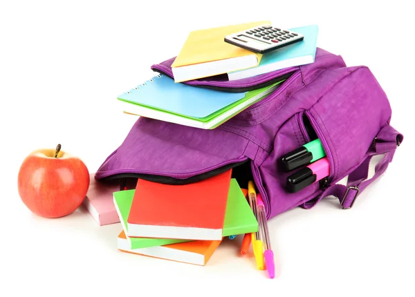 Purple backpack with school supplies isolated on white — Stock Photo, Image