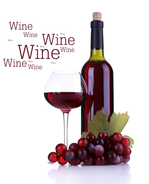 Verre à vin avec vin rouge, raisin et bouteille isolé sur blanc — Photo