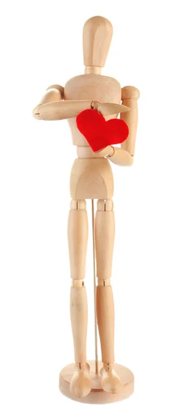 Wooden mannequin holding red heart isolated on white — Stock Photo, Image