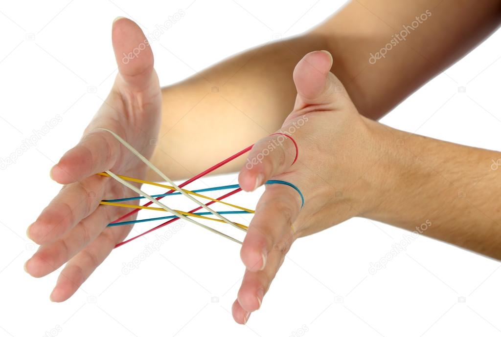 Elastic bands on hands, isolated on white