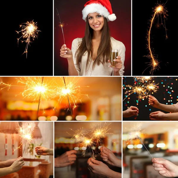 Collage van mooi meisje en sparkler in handen — Stockfoto