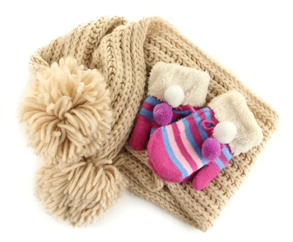 Striped mittens with scarf isolated on white — Stock Photo, Image