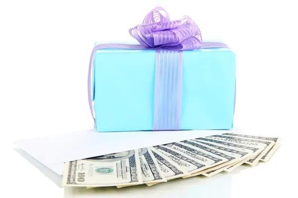 Gift box with money isolated on white — Stock Photo, Image