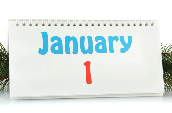 Nowy rok kalendarza i jodła drzewo, na białym tle — Zdjęcie stockowe