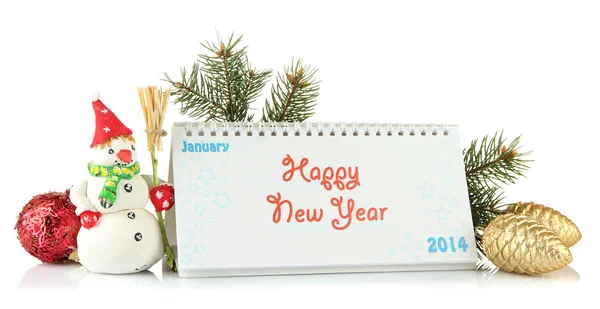 Calendario, Decoración de Año Nuevo y abeto, aislado en blanco —  Fotos de Stock