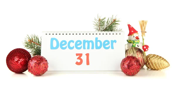 Kalendarz, nowy rok wystrój i jodła drzewo, na białym tle — Zdjęcie stockowe