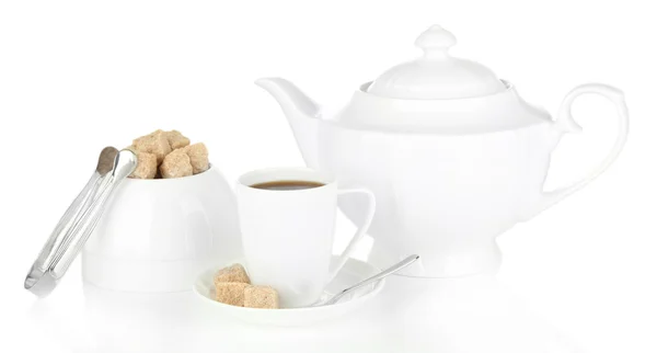 Csésze kávé, cukortartó és elszigetelt fehér teáskanna — Stock Fotó