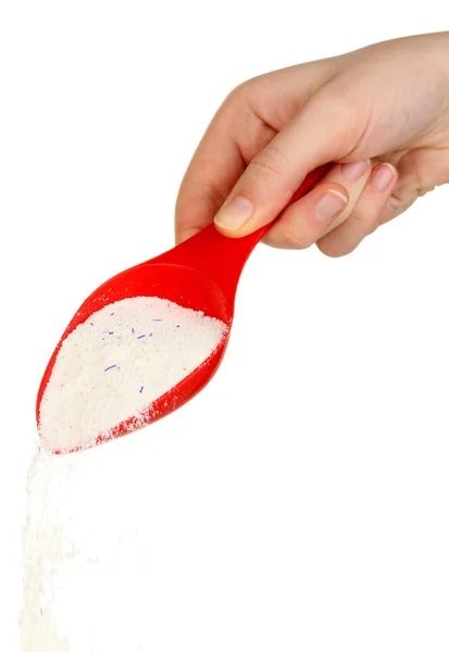 Measuring cup with washing powder in hand isolated on white — Stock Photo, Image