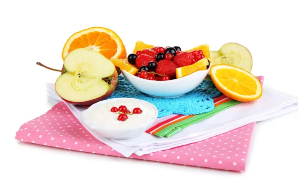 Useful fruit salad of fresh fruits and berries in bowl isolated on white — Stock Photo, Image