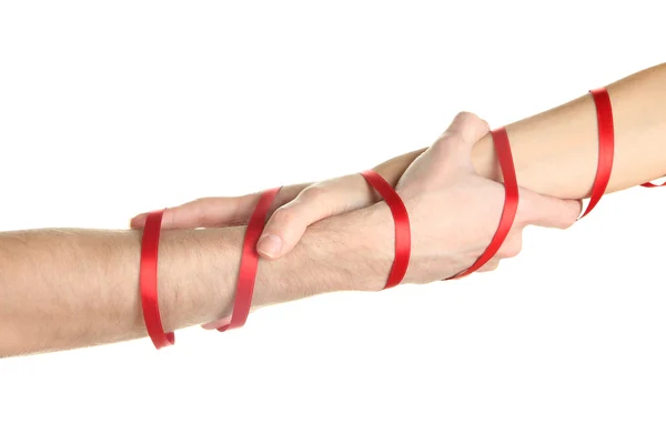 Чоловіки і дівчата руки пов'язані стрічкою ізольовані на білому — стокове фото