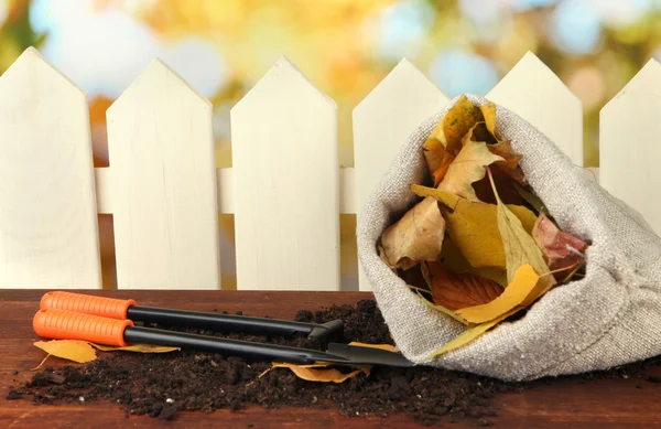 Dry leaves in bag and instruments on table on fence background — Stock Photo, Image
