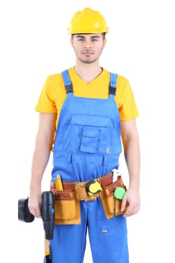 erkek üzerinde beyaz izole sarı kask oluşturucu