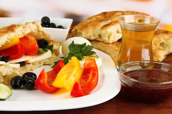 Traditional Turkish breakfast on table on bright background — Stock Photo, Image