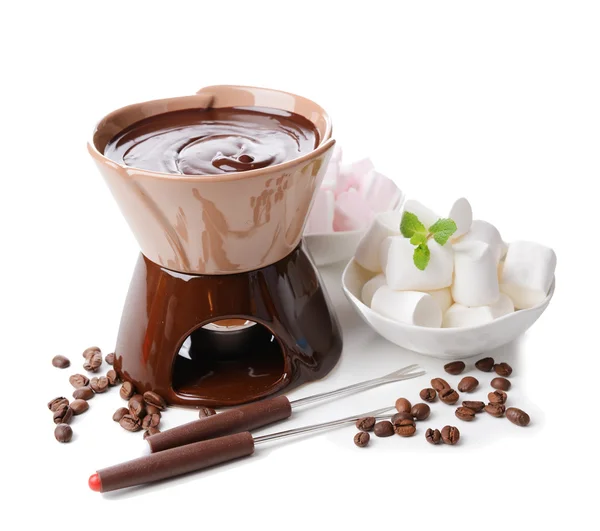 Chocolate fondue with marshmallow candies, isolated on white — Stock Photo, Image