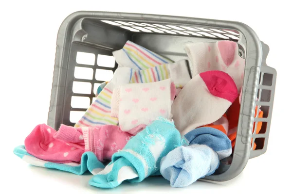 Plastic basket with socks isolated on white — Stock Photo, Image