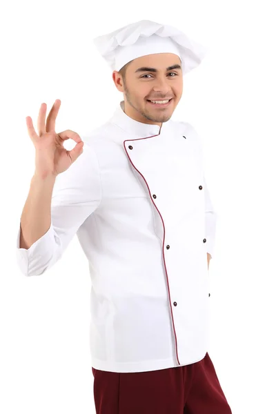 Chef profissional em uniforme branco e chapéu, isolado em branco — Fotografia de Stock