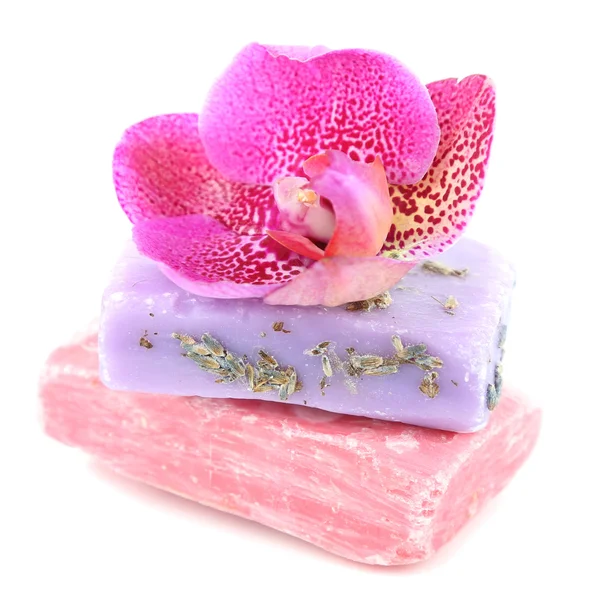 Soap and orchid isolated on white — Stock Photo, Image