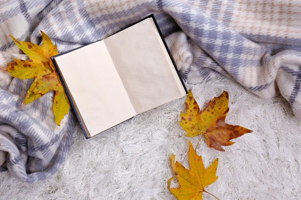 Composition avec plaid chaud, livre, sur fond de tapis couleur — Photo