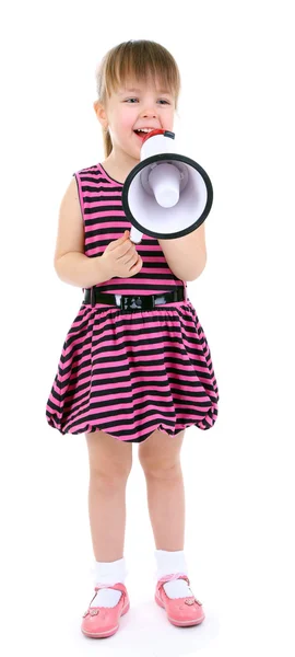 Menina bonita segurando bullhorn isolado no branco — Fotografia de Stock