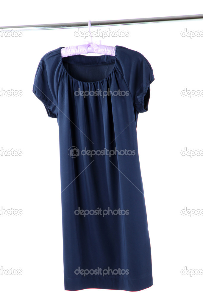 Beautiful blue dress hanging on hangers isolated on white