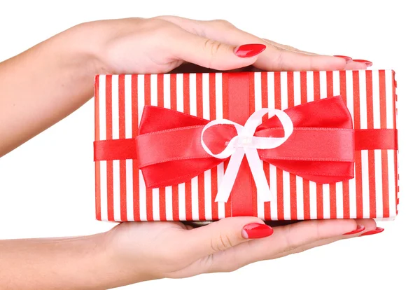 Woman holds box with gift on white background close-up — 图库照片