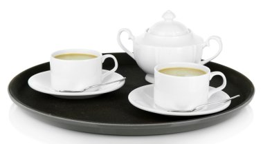 Kahve üzerine beyaz izole tepsi