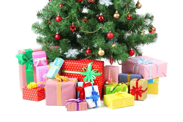 Decorated Christmas tree with gifts isolated on white — Stock Photo, Image