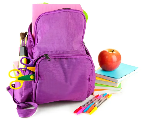 Purple backpack with school supplies isolated on white — Stock Photo, Image