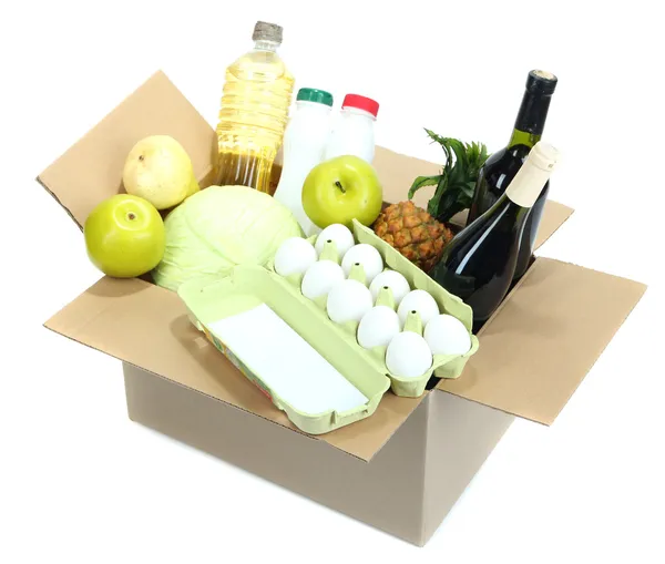 Box s produkty izolovaných na bílém — Stock fotografie