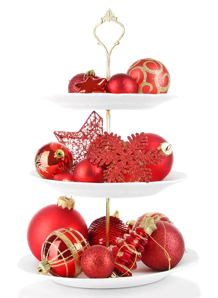 Christmas decorations on dessert stand, isolated on white — Stock Photo, Image