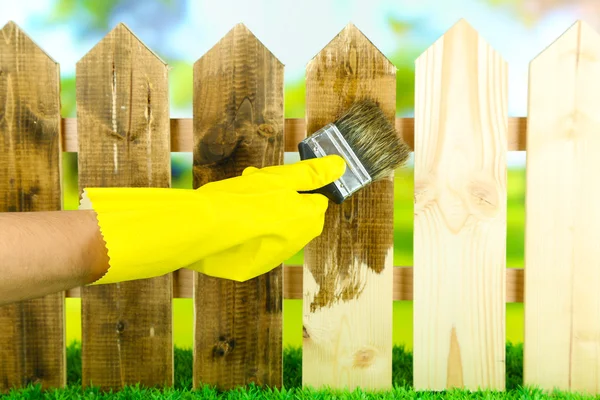 Aplicando barniz protector a valla de madera, sobre fondo brillante — Foto de Stock