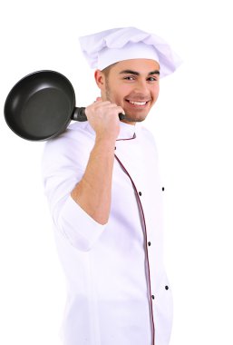 Pan üzerine beyaz izole elinde tutan profesyonel şef beyaz üniforma ve şapka