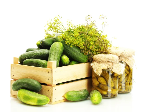 Fresh cucumbers in wooden box, pickles and dill isolated on white — Stock Photo, Image