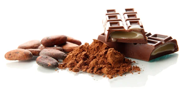 Skład czekolady słodycze i kakao, na białym tle — Zdjęcie stockowe