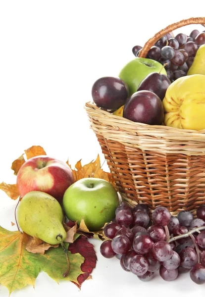 Różne owoce, kosz i żółty liść na białym tle — Zdjęcie stockowe