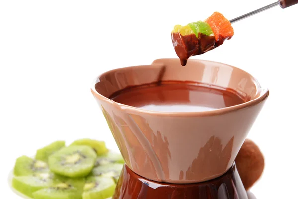 Chocolate fondue with fruits, isolated on white — Stock Photo, Image