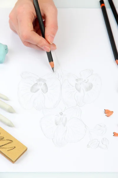 Hand draws a sketch with professional art materials — Stock Photo, Image